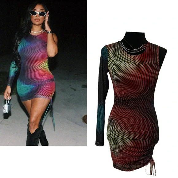 Blanc | Dresses | Blanq Multicolored Print One Sleeve Mesh Ruched Side  Bodycon Dress S | Poshmark